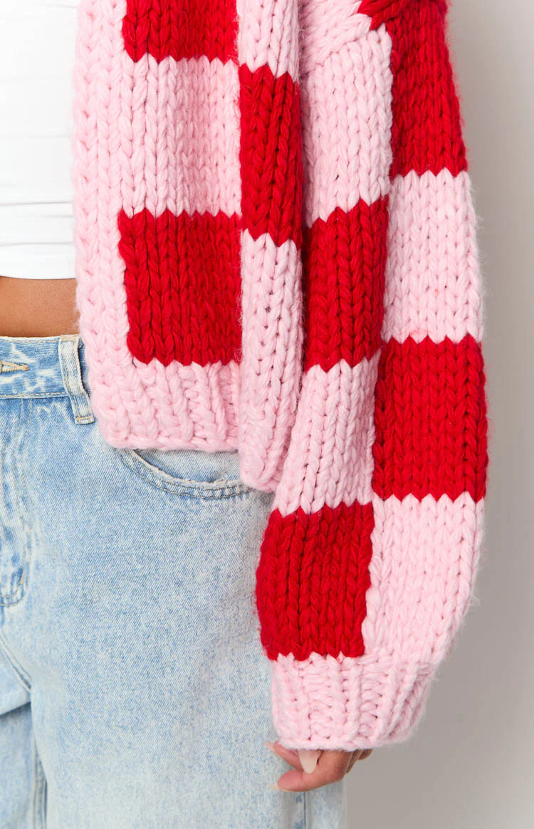 Envi Pink And Red Checkered Knit Cardigan - Image 6