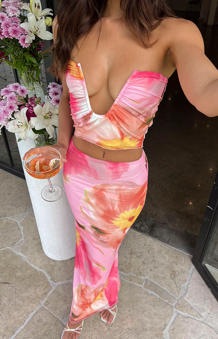 Esha Pink Floral Strapless Crop Top - Image 10