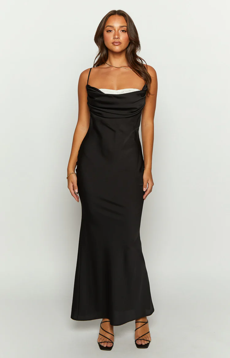 Evelyn Lace Detail Black Satin Maxi Dress - Image 4