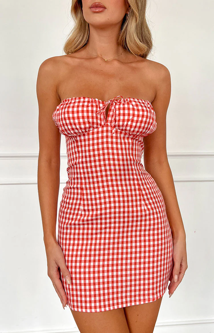 Faith Red Gingham Strapless Mini Dress - Image 7