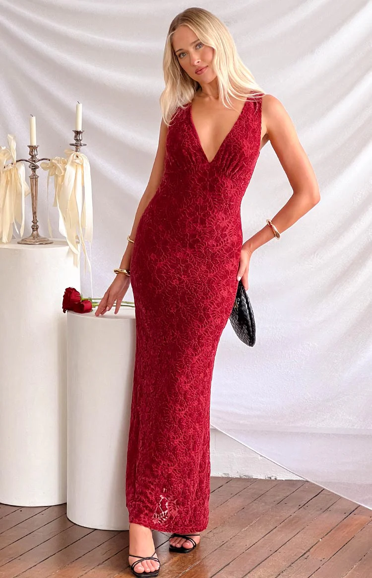 Farida Red Lace Maxi Dress - Image 7