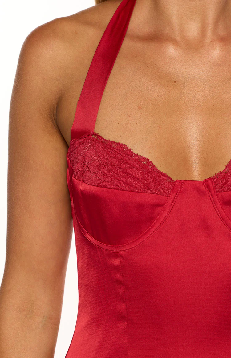 Florenta Red Satin Halter Mini Dress - Image 10