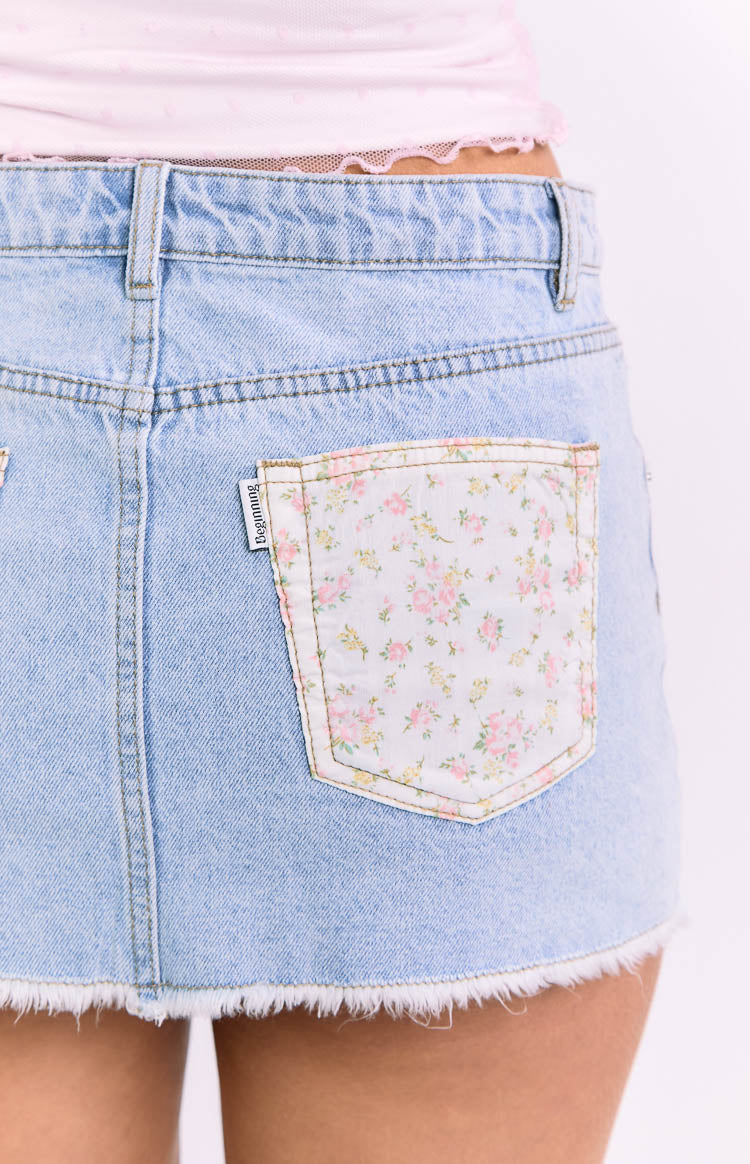 Found Love Floral Light Wash Denim Skirt - Image 7