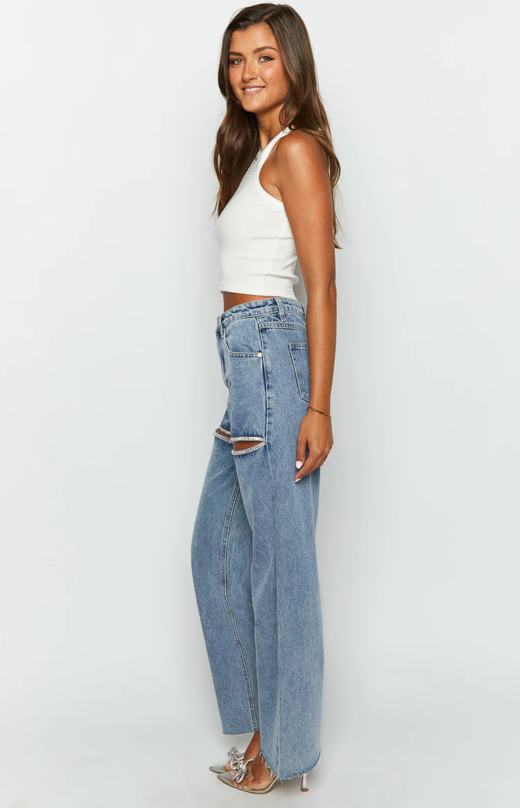 Gem Diamante Trim Wide Leg Denim Jeans - Image 4