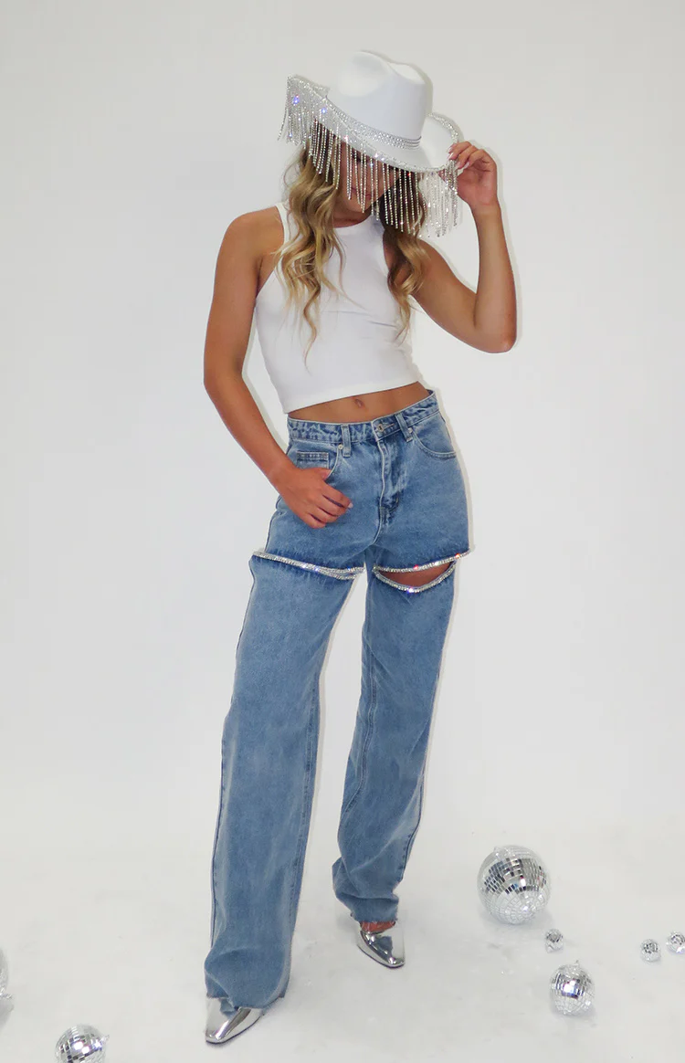 Gem Diamante Trim Wide Leg Denim Jeans - Image 7