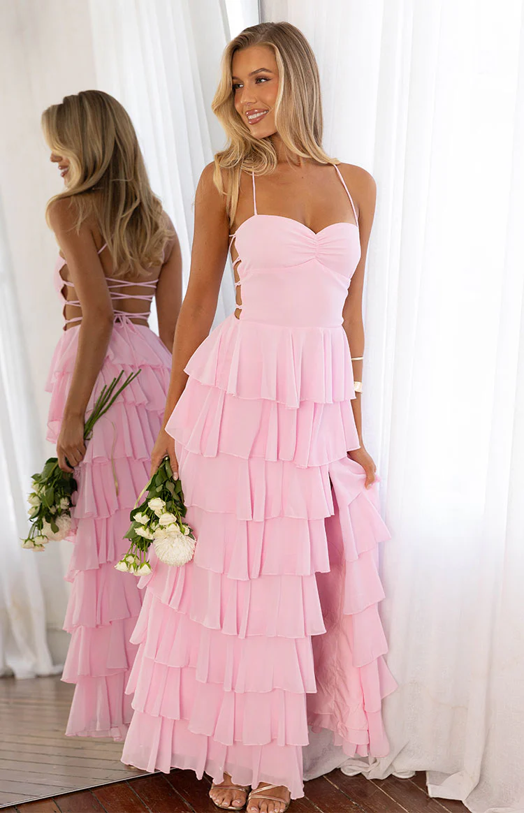Georgie Pink Ruffle Maxi Dress - Image 9