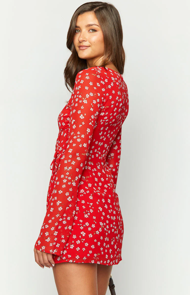 Goldie Red Floral Long Sleeve Mini Dress - Image 5