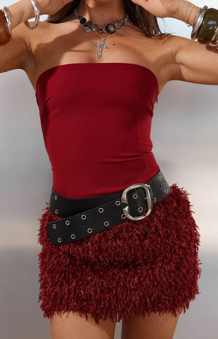 Halo Burgundy Strapless Fur Mini Dress - Image 4