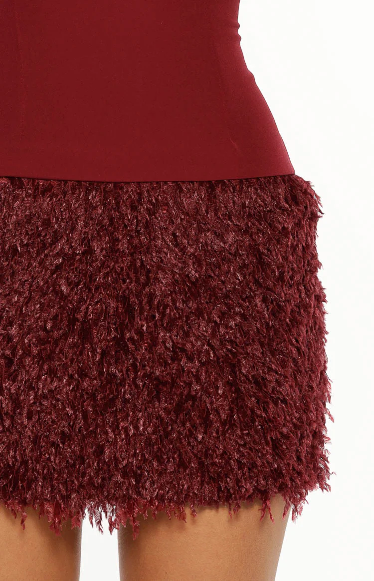 Halo Burgundy Strapless Fur Mini Dress - Image 9