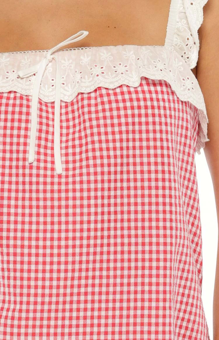 Harry Red Gingham Lace Mini Dress - Image 7