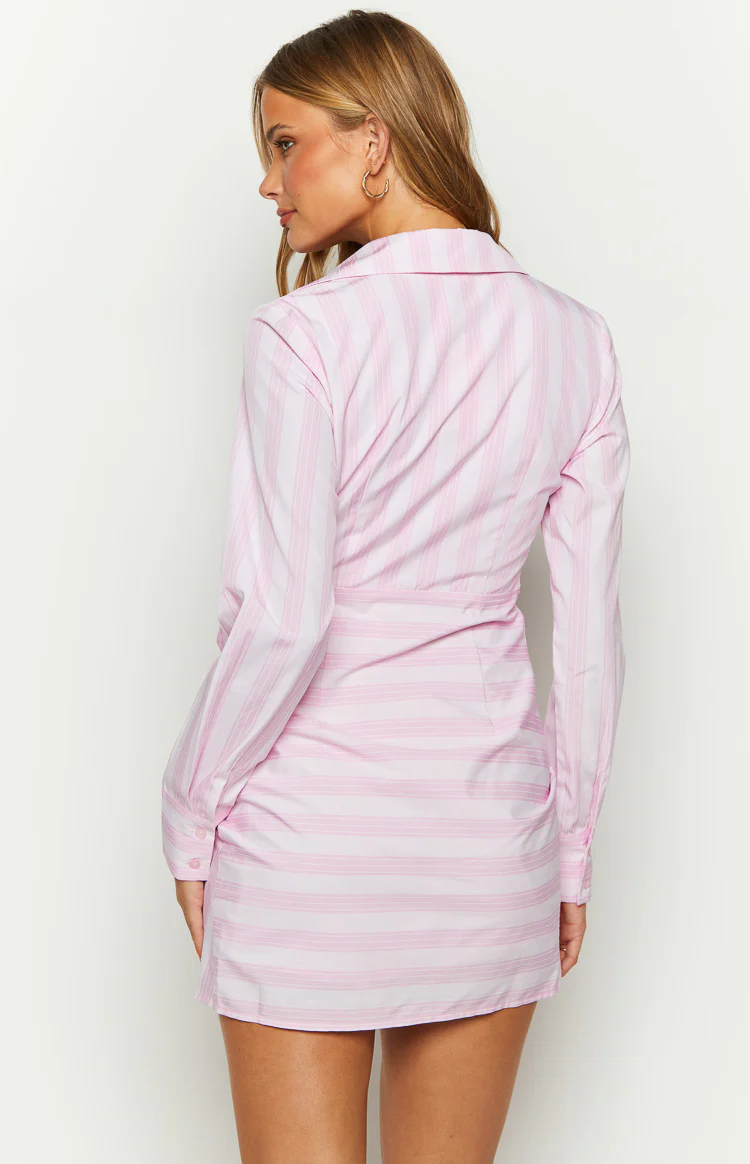 Holly Pink Stripe Tie Up Shirt Mini Dress - Image 4