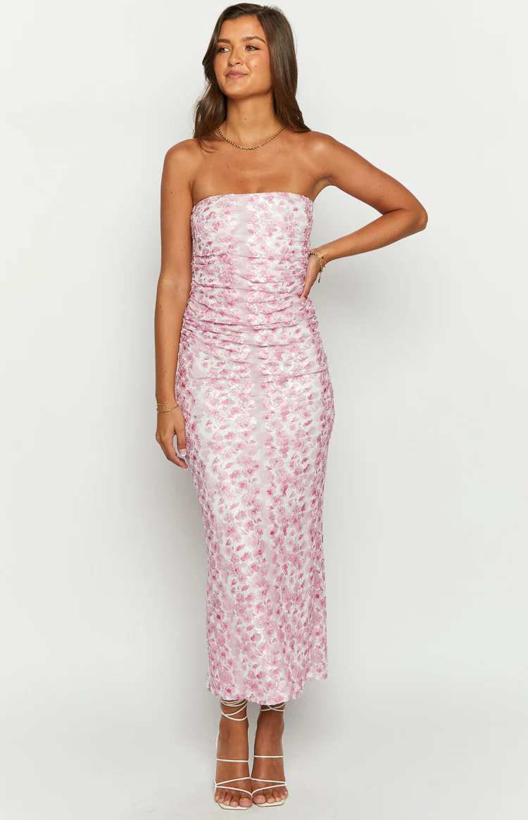 Imogen Pink Floral Print Strapless Maxi Dress - Image 3
