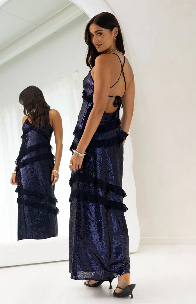 Inara Navy Sequin Ruffle Maxi Dress - Image 4