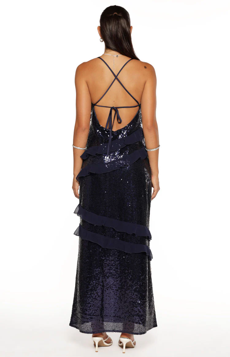 Inara Navy Sequin Ruffle Maxi Dress - Image 7