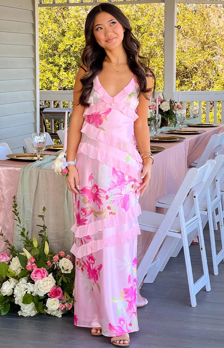 Inara Pink Floral Print Ruffle Maxi Dress - Image 12