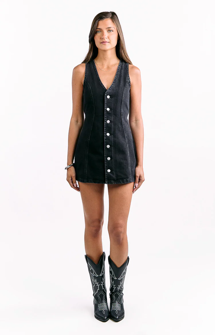 Isla Black Denim Mini Dress - Image 3