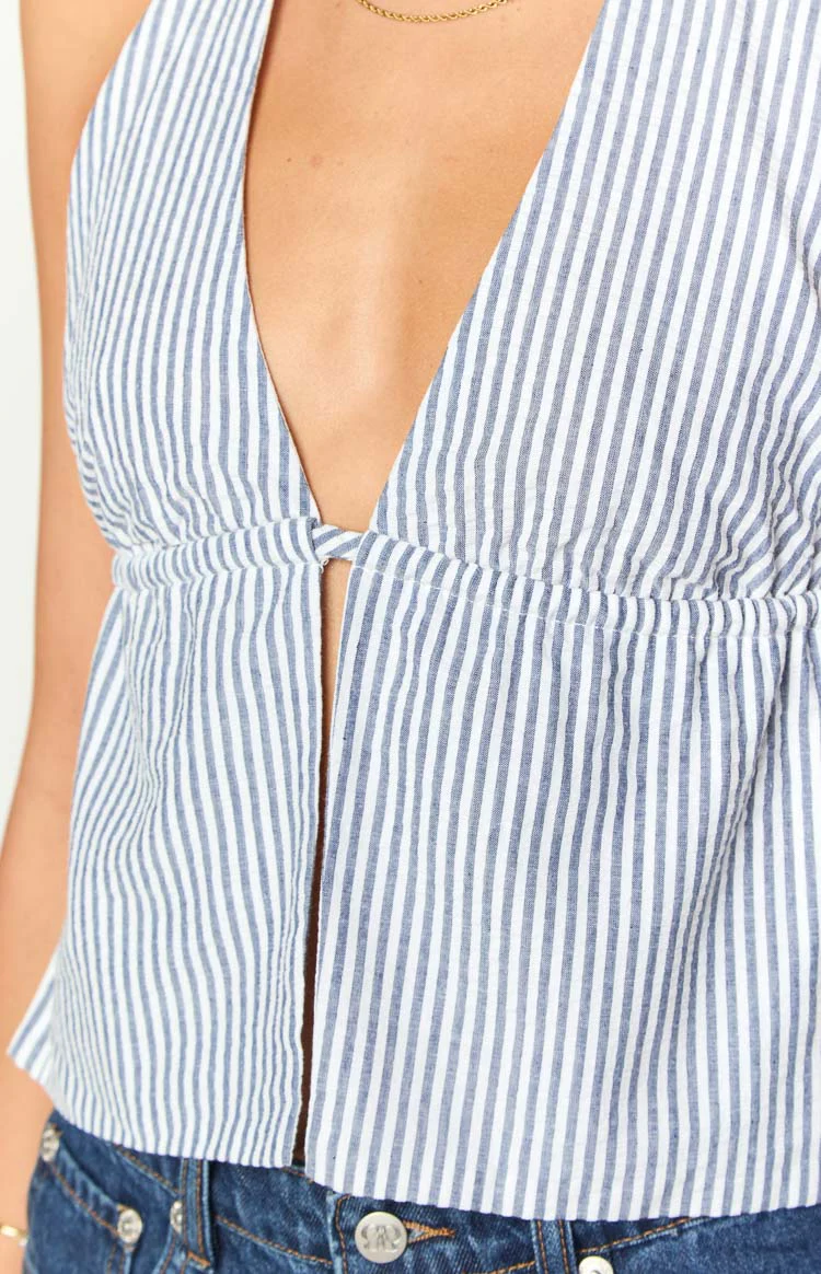 Izzie Navy Stripe Halter Neck Top - Image 6