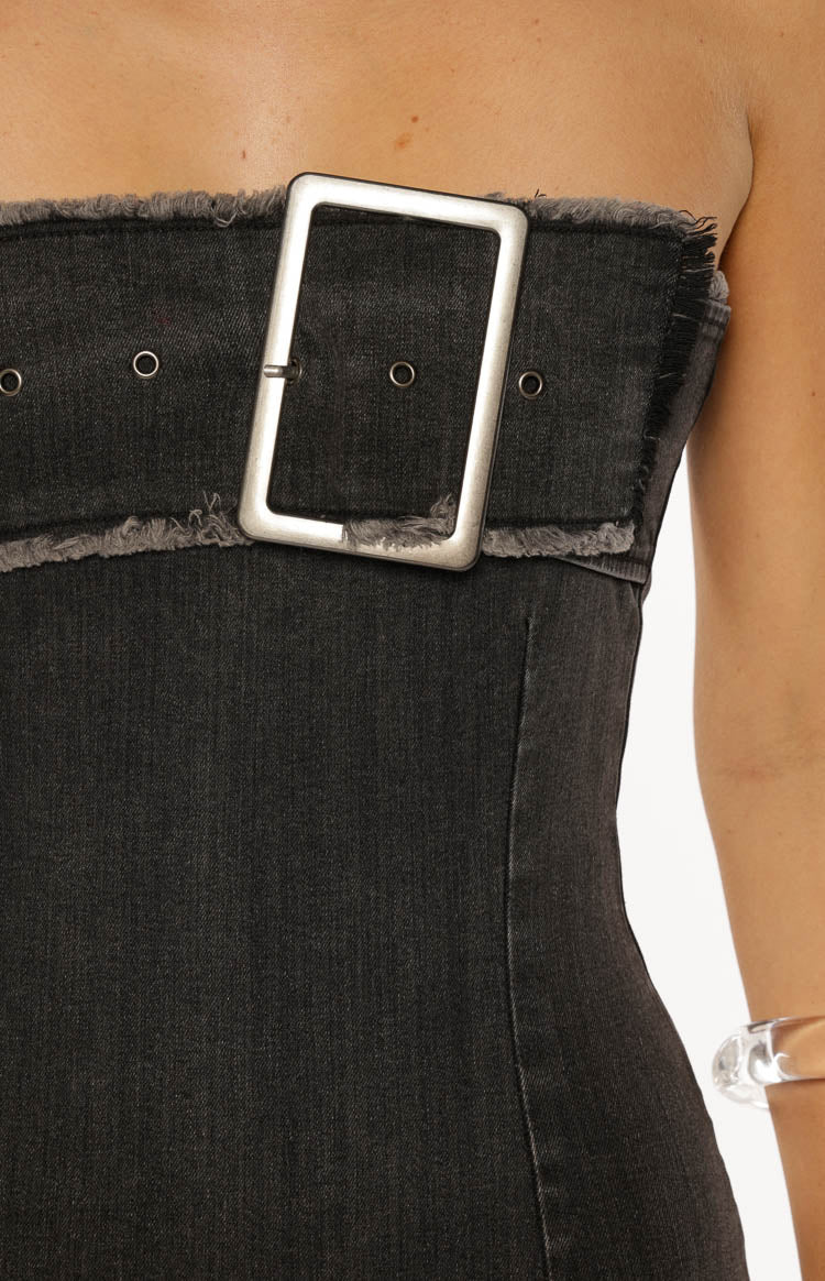 Jengi Black Washed Denim Buckle Strapless Mini Dress - Image 9