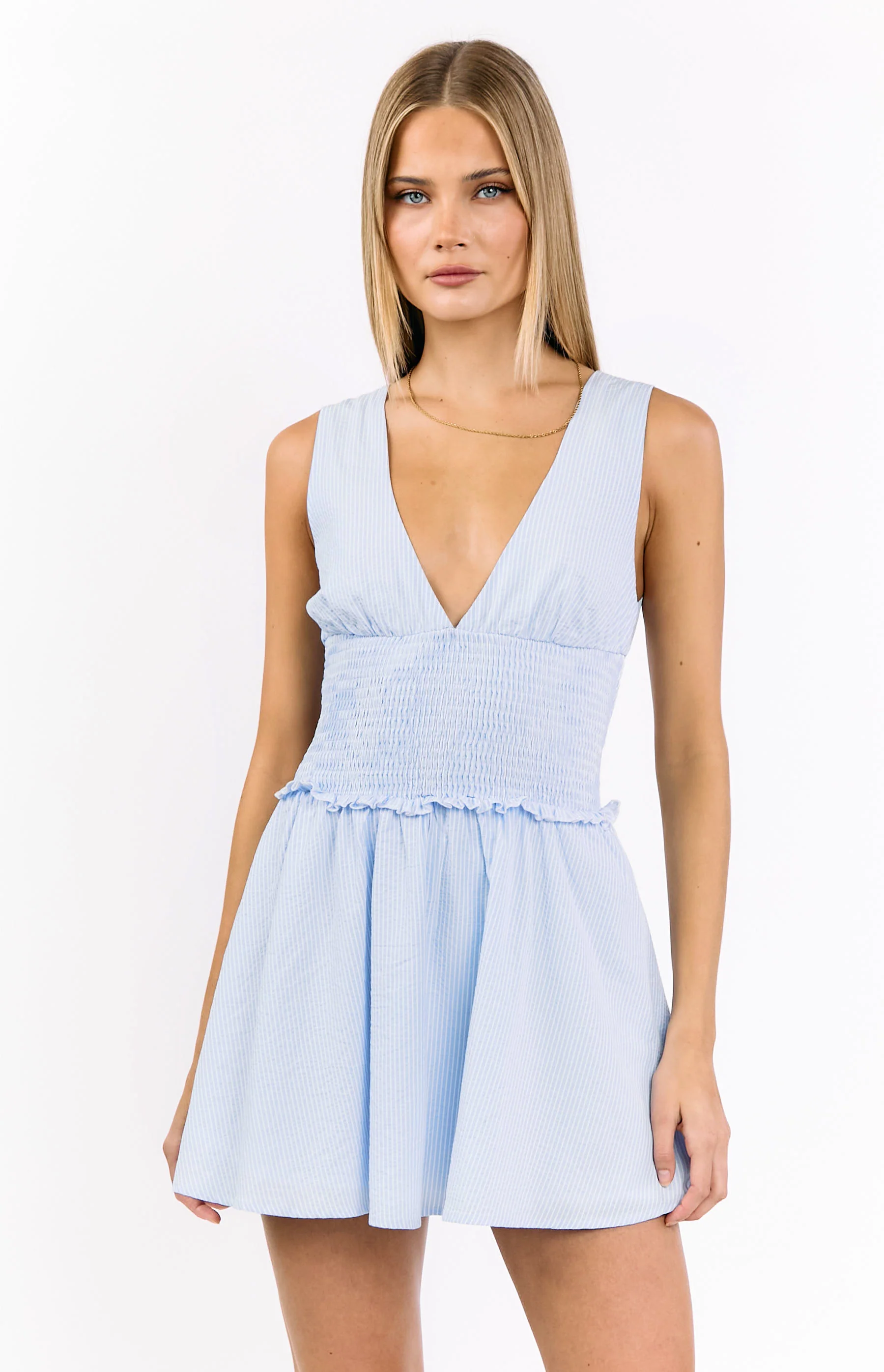 Juna Light Blue Stripe Shirred Mini Dress - Image 2