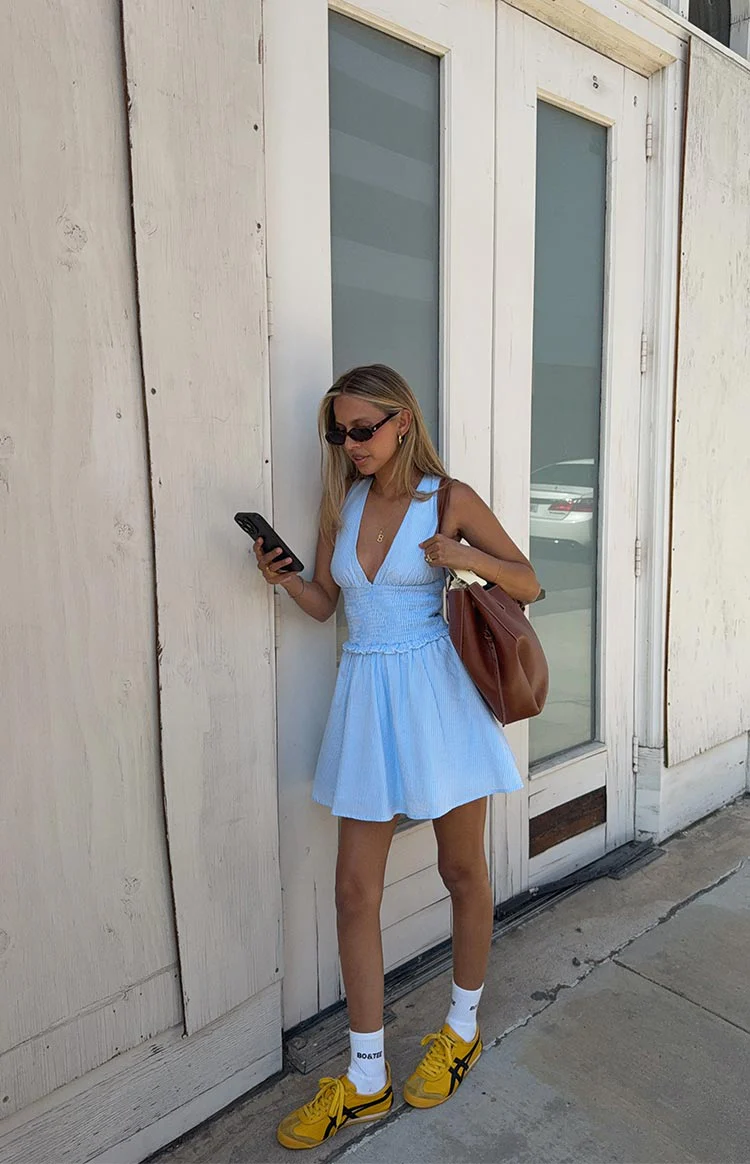 Juna Light Blue Stripe Shirred Mini Dress - Image 7