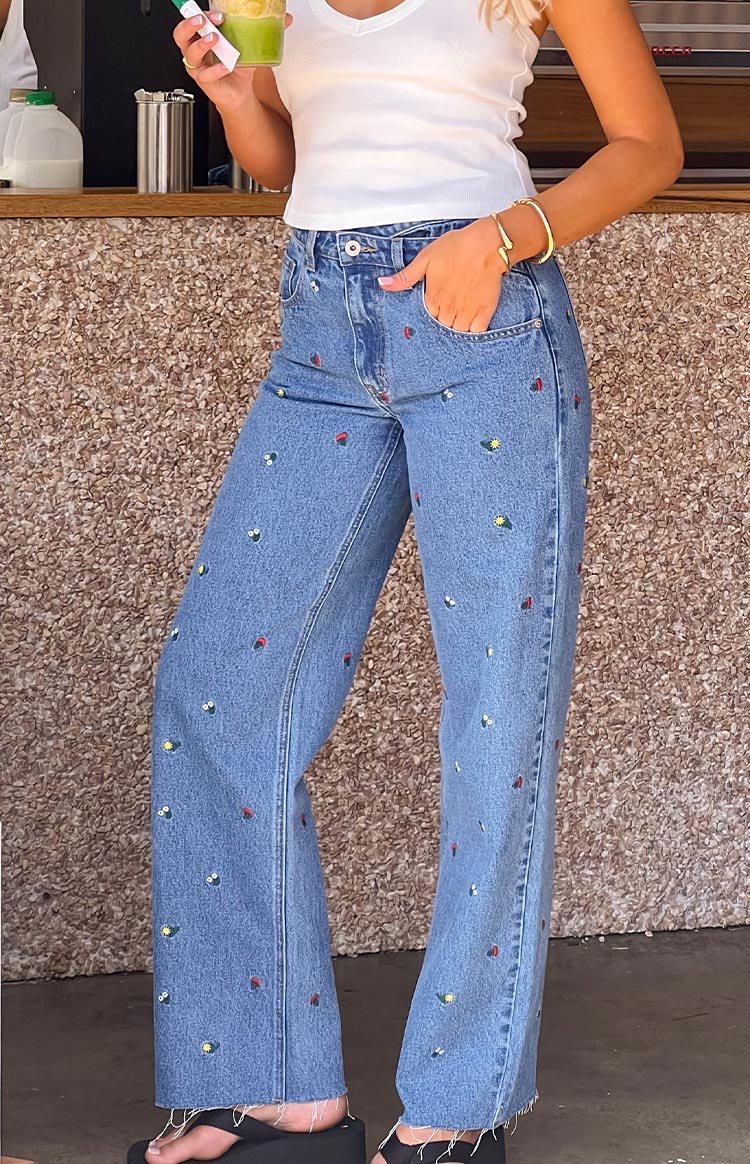 Kansis Blue Embroidered Uneven Waist Jeans - Image 6