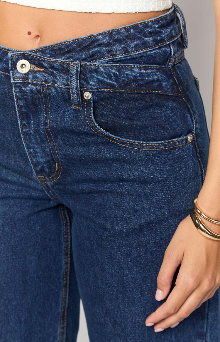 Kansis Dark Blue Uneven Waist Jeans - Image 6