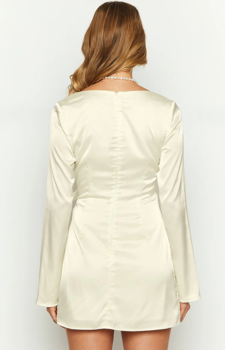 Kasya Cream Satin Long Sleeve Mini Dress - Image 3