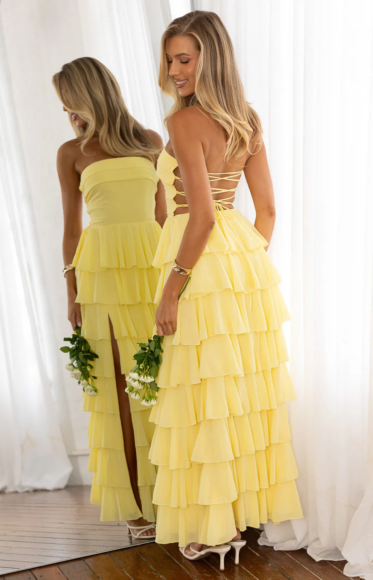Kim Yellow Strapless Ruffle Maxi Dress - Image 3