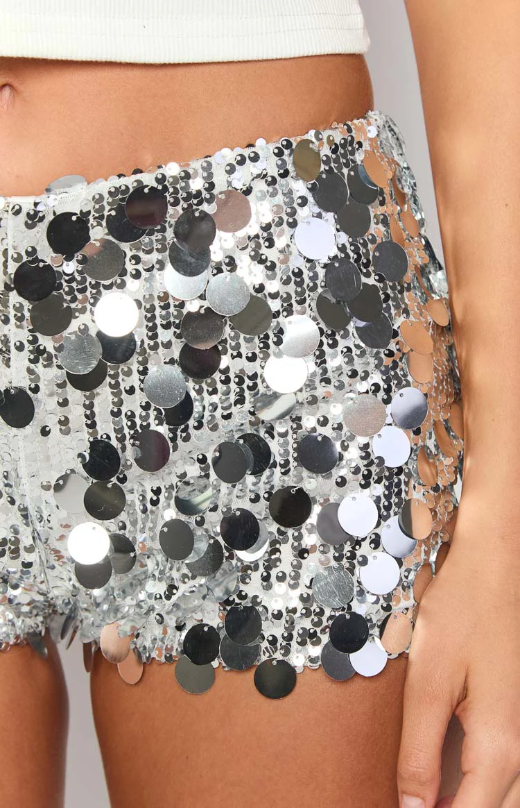 La Danza Silver Sequin Micro Shorts - Image 5