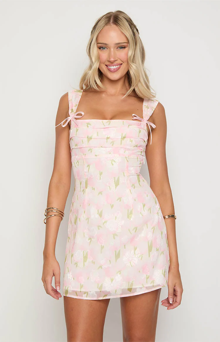 Layla Pink Floral Tie Back Mini Dress - Image 2