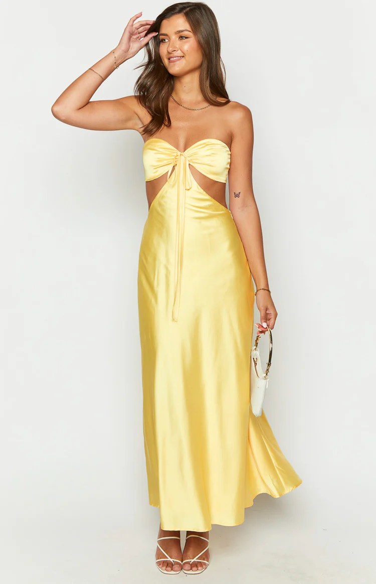 Lili Yellow Satin Strapless Maxi Dress - Image 3