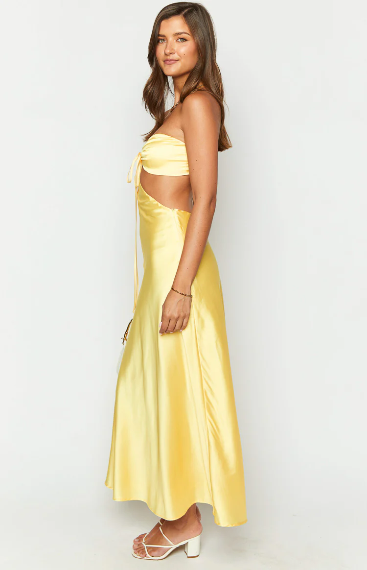 Lili Yellow Satin Strapless Maxi Dress - Image 4