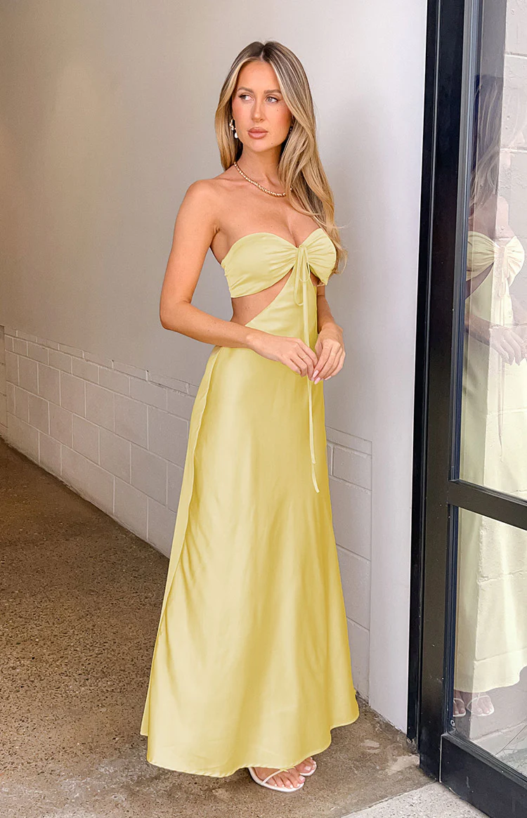 Lili Yellow Satin Strapless Maxi Dress - Image 8
