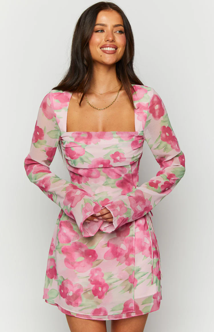 Lucy Pink Floral Print Long Sleeve Mini Dress - Image 2