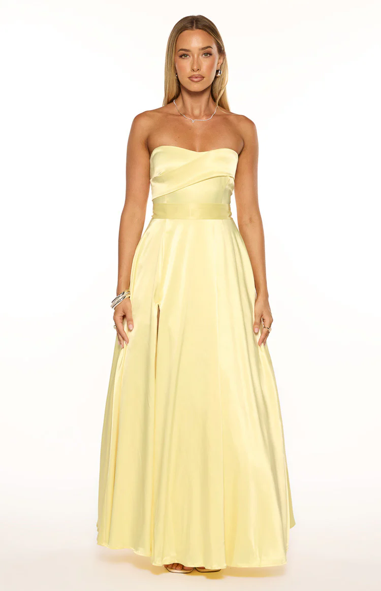 Lucy Yellow Strapless Satin Formal Maxi Dress - Image 3