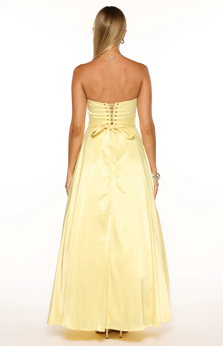 Lucy Yellow Strapless Satin Formal Maxi Dress - Image 5