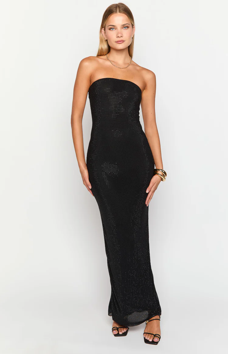 Lulana Black Strapless Rhinestone Maxi Dress - Image 4