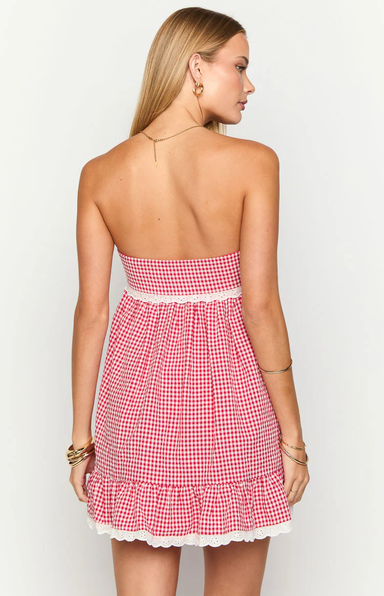 Maisie Red Gingham Strapless Mini Dress - Image 5