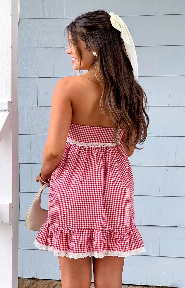 Maisie Red Gingham Strapless Mini Dress - Image 9