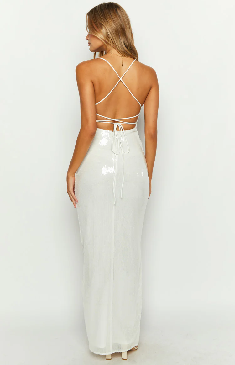 Manhattan White Sequin Slip Maxi Formal Dress - Image 5