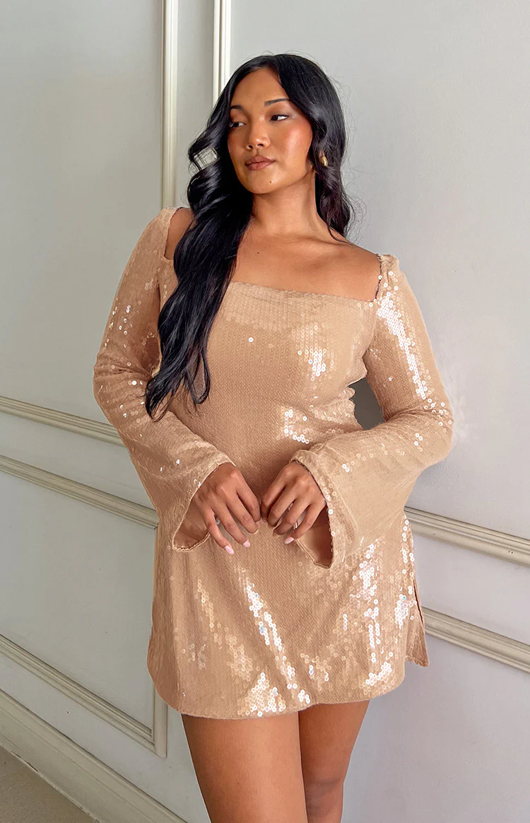 Marienne Champagne Sequin Long Sleeve Mini Dress - Image 7