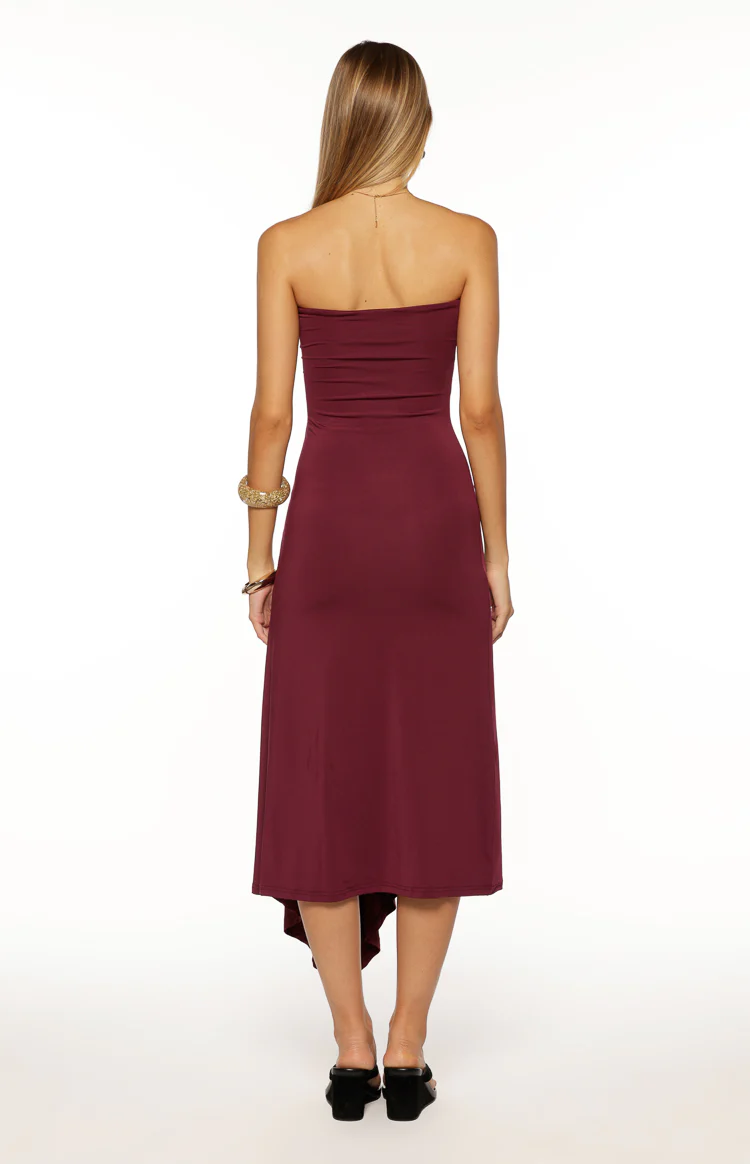 Maura Plum Strapless Asymmetrical Midi Dress - Image 6