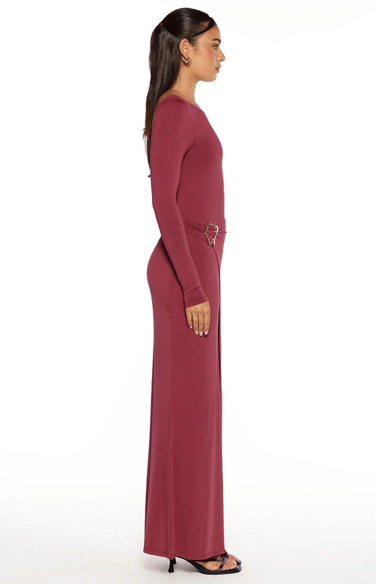 Misaki Burgundy Long Sleeve Wrap Maxi Dress - Image 8