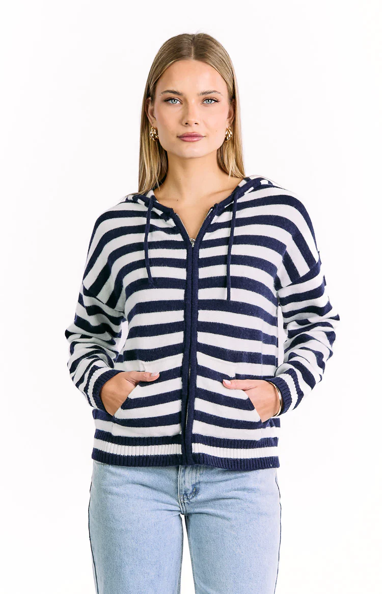Mollie Navy Stripe Knit Zip Sweater - Image 2