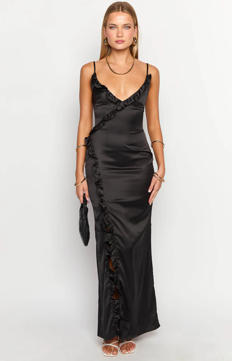 Nahanee Black Satin Ruffle Maxi Dress - Image 2