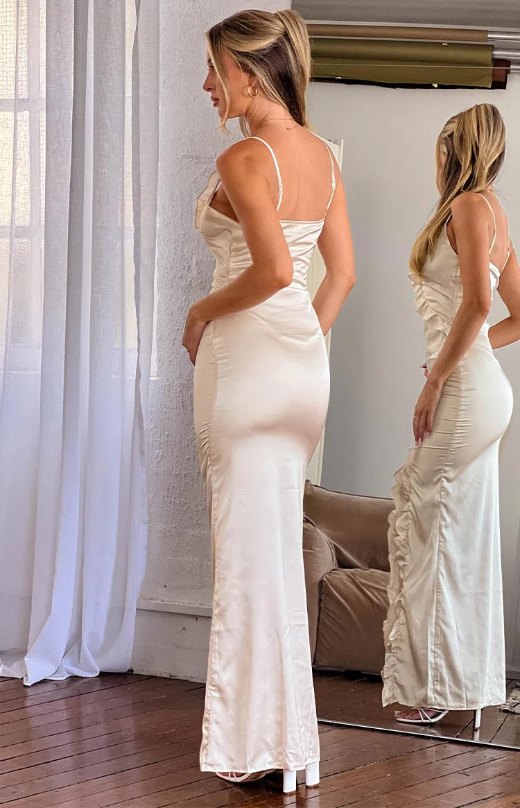 Nahanee Cream Satin Ruffle Maxi Dress - Image 10