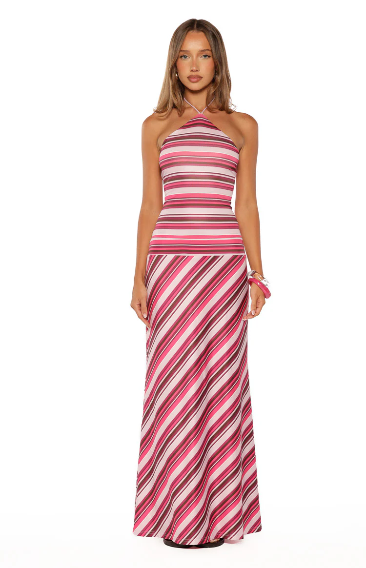 Nicoby Pink Multi Stripe Halter Maxi Dress - Image 5