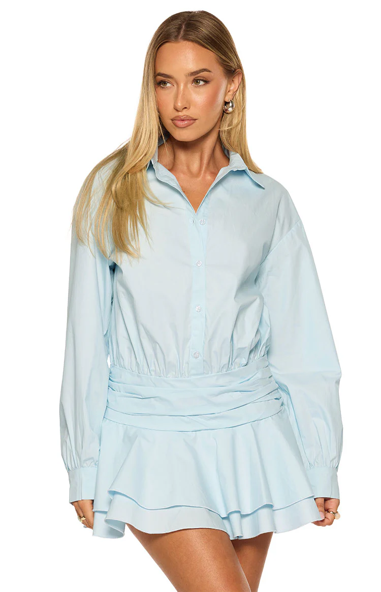 Nicolaini Light Blue Long Sleeve Mini Shirt Dress - Image 2