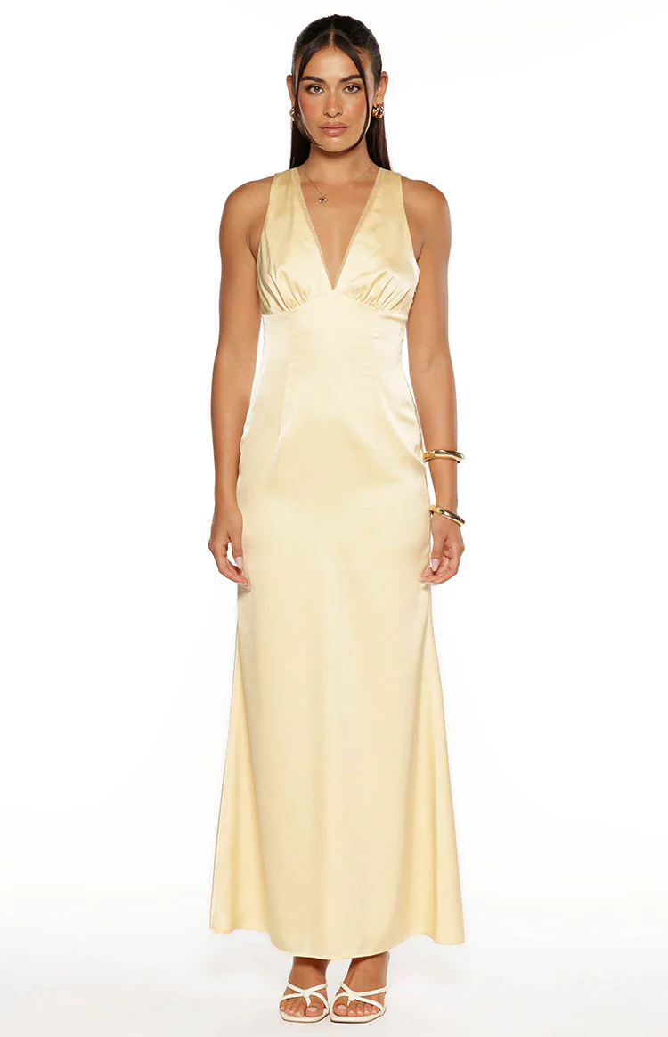 Nicolina Yellow Satin Formal Maxi Dress - Image 3