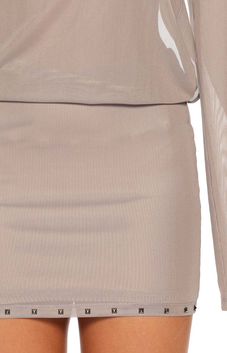 Obie Brown Sheer Mesh Stud Hem Mini Dress - Image 8